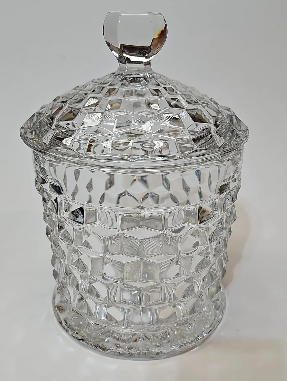 Vintage Fostoria American Clear Cube Motif Pressed Glass Cookie Jar & Lid